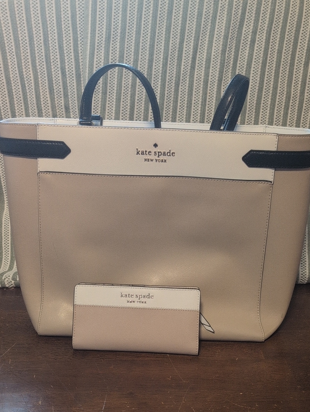 kate spade Beige, Black & White Structured Tote with Matching Wallet